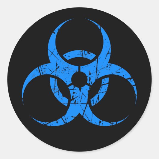 Sticker Rond Symbole bleu rayé de Biohazard sur le noir (Devant)
