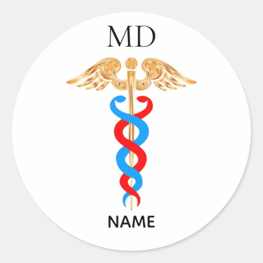 Sticker Rond Symbole de Caduceus et monogramme de Docteur Médic (Devant)
