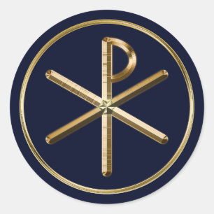 Sticker Rond Symbole de Chi-Rho d'or sur bleu-foncé