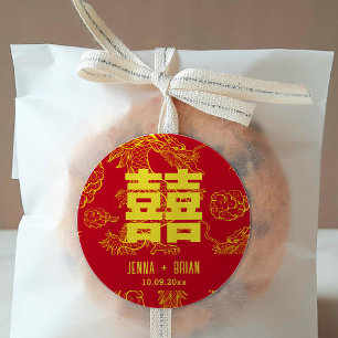 Sticker Rond Symbole de double bonheur de style dragon rouge et