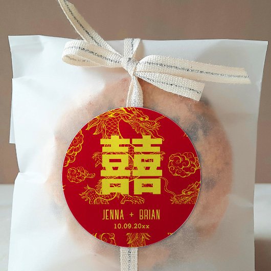 Sticker Rond Symbole de double bonheur de style dragon rouge et