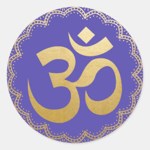 Sticker Rond Symbole de méditation Om HIndu Yoga Faux Gold Viol
