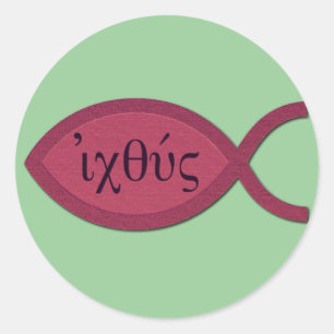 Sticker Rond Symbole de poisson chrétien IXOYE - Parchemin roug
