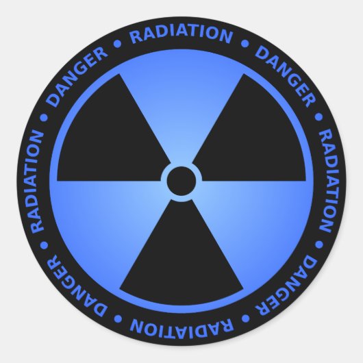 Sticker Rond Symbole de rayonnement noir et bleu avec texte (Devant)