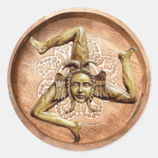 Sticker Rond Symbole de Trinacria de Sicile (Faux Wood) (Devant)
