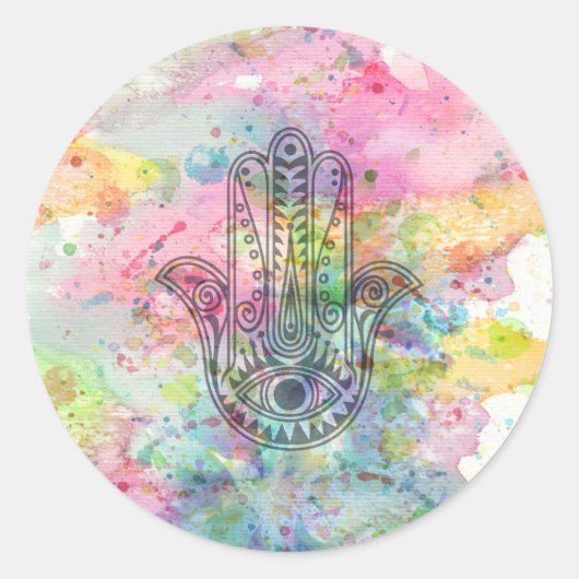 Sticker Rond Symbole main HAMSA Aquarelle colorée (Devant)