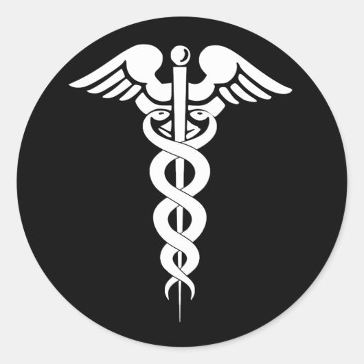 Sticker Rond Symbole Médicale de Caduceus noir et blanc (Devant)