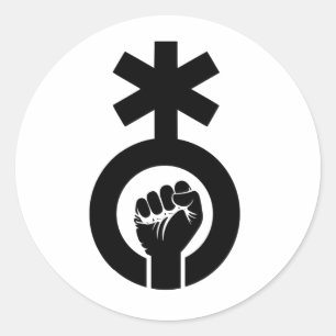 Sticker Rond Symbole non binaire et poing