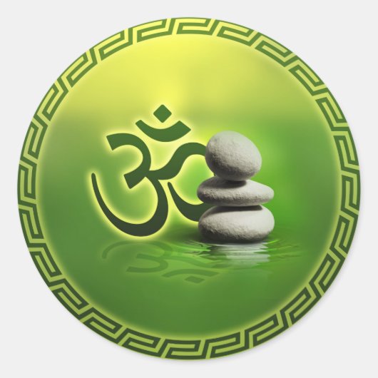 Sticker Rond Symbole OM avec pierres zen sur vert doux (Devant)