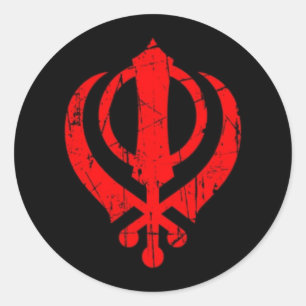 Sticker Rond Symbole rouge sikh khanda griffé sur noir