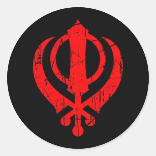 Sticker Rond Symbole rouge sikh khanda griffé sur noir (Devant)