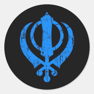 Sticker Rond Symbole sikh bleu rayé de Khanda sur le noir
