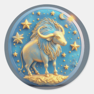 Sticker Rond Symbole Taureau Doré Sur Cercle Bleu