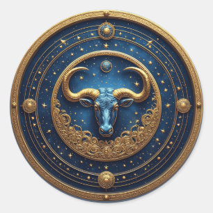 Sticker Rond Symbole Taureau Doré sur Cercle Bleu