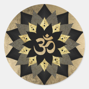 Sticker Rond Symbole Yoga Om Fleur Lotus Noir & Or