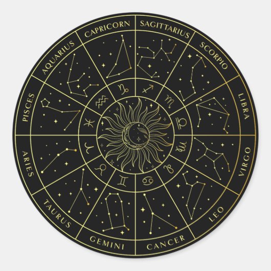 Sticker Rond Symbole Zodiac horoscope constellations carte or (Devant)