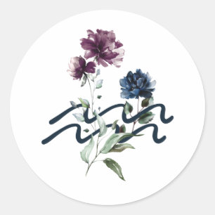 Sticker Rond Symbole Zodiaque Floral Moderne Aquarius