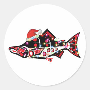 Sticker Rond Symbolisme Saumon haïda Ornament Noël unique