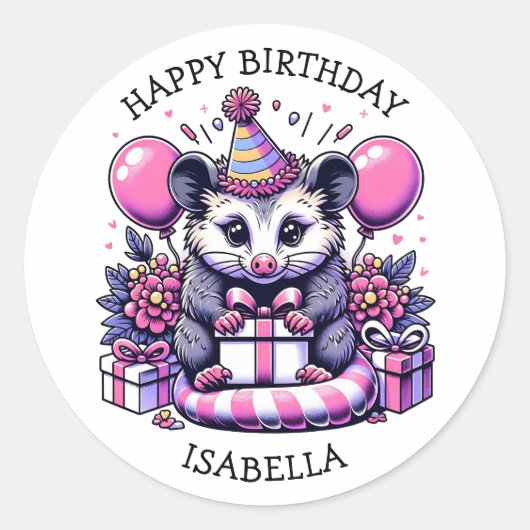 Sticker Rond Sympa Possum Personnalisé Fête d'Anniversaire (Devant)