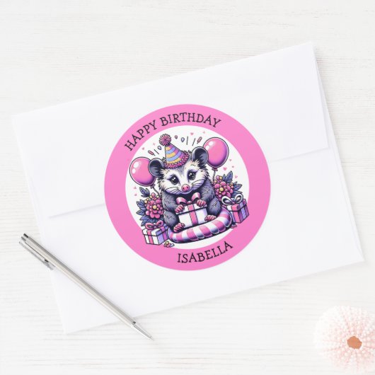 Sticker Rond Sympa Possum Personnalisé Fête d'Anniversaire (Enveloppe)