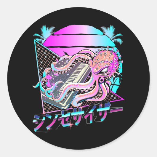 Sticker Rond Synthétiseur Octopus Vaporwave Kraken Synth analog (Devant)