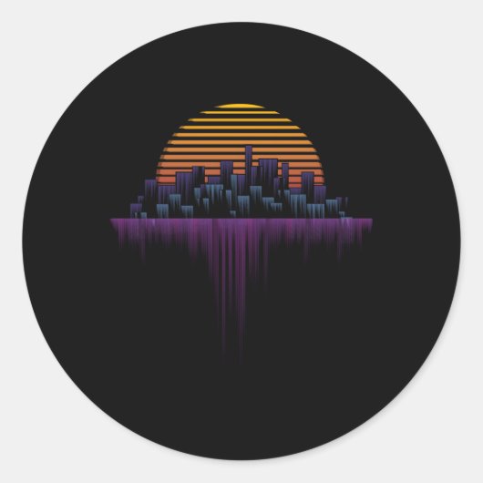 Sticker Rond Synthwave Outrun Vaporwave Ville Esthétique (Devant)