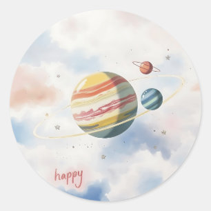 Sticker Rond Système solaire à l'aquarelle avec accents métalli