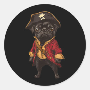 Sticker Rond T Pug Noir Déguisé En Pirate Chien Drôle Pug