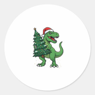 Sticker Rond T-Rex de Noël portant un sapin de Noël