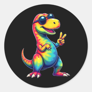 Sticker Rond T-rex Dino Peace Sign Tie-Dye Hippie 