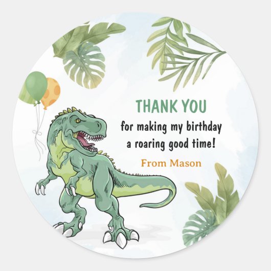 Sticker Rond T-Rex Dinosaur Vert Fête d'Anniversaire (Devant)