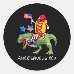Sticker Rond T-Rex Dinosaure à Cheval sur un Hot Dog 4 Juillet