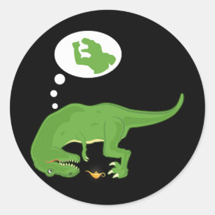 Sticker Rond T-rex drôle, lampe de génie, bras courts, par Zany