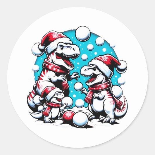 Sticker Rond T-Rex Family Snowball Combat - Dino de Noël drôle (Devant)