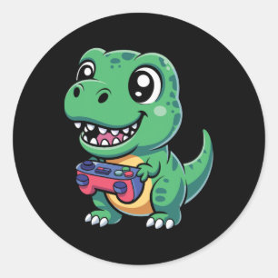 Sticker Rond T-Rex Heureux Avec Manette De Jeu Dinosaure De Jeu