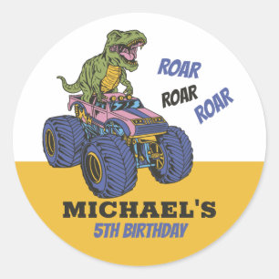 Sticker Rond T-Rex Monster Truck Dinosaur Anniversaire de enfan
