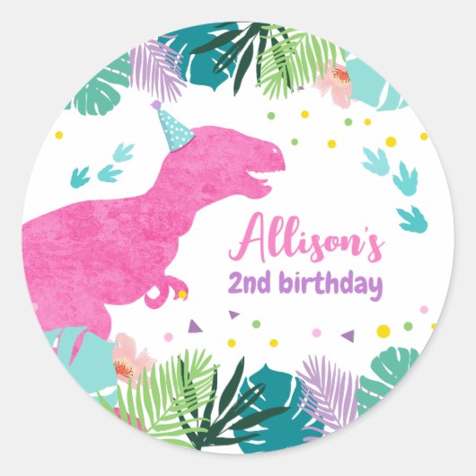 Sticker Rond T-Rex Pink Dinosaur Girl Dino Anniversaire préhist (Devant)