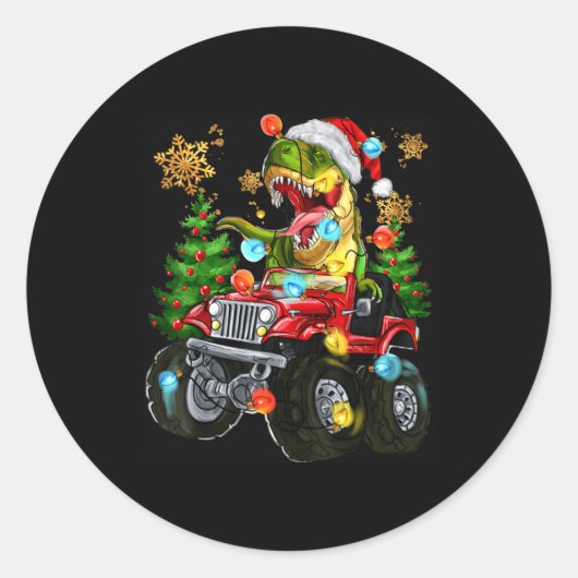 Sticker Rond T-rex Santa In Monster Truck With Christmas Trees (Devant)