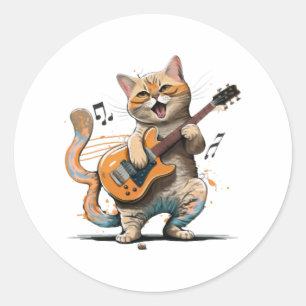 Sticker Rond T-shirt chat mignon jouant de la guitare, guitare