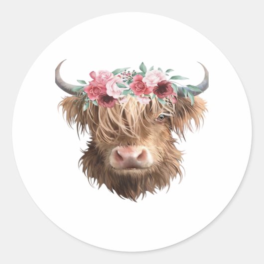 Sticker Rond T-shirt classique Peinture de vache Highland (Devant)