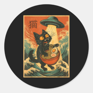 Sticker Rond T-shirt drôle d'anime japonais Ufo Ramen Chat Homm