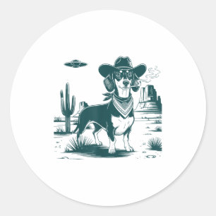Sticker Rond T-shirt drôle Western Ufo Cowboys Dachshund Vintag