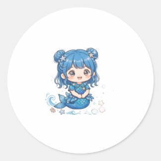 Sticker Rond T-shirt Fille Sirène de l'Océan Bleu Mignon - Kawa