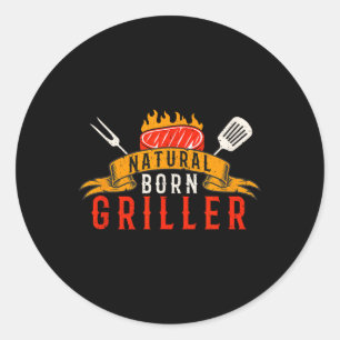 Sticker Rond T-Shirt Hommes Drôle BBQ Né Grilleur Rétro Viande