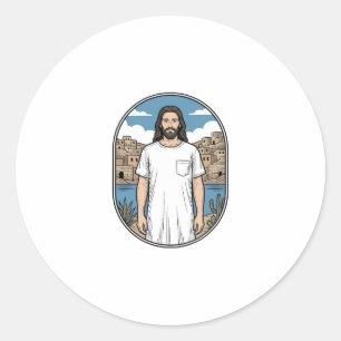 Sticker Rond T-Shirt Scénique à Figure Spirituelle Gravure Vint