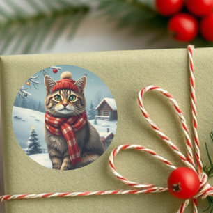 Sticker Rond Tabby Chat en hiver avant l'hiver avant l'hiver et