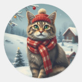 Sticker Rond Tabby Chat en hiver avant l'hiver avant l'hiver et (Devant)