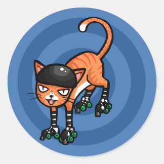 Sticker Rond Tabby orange sur patins à rouleaux