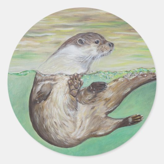 Sticker Rond Tableau de la loutre de rivière joueuse (Devant)