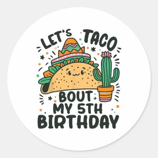 Sticker Rond Taco Bout My 5th Birthday Mexican Party Boys (Devant)